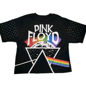 Pink Floyd T-Shirt Womens L The Dark Side Of The Moon Stud Sleeve Rock Band Crop